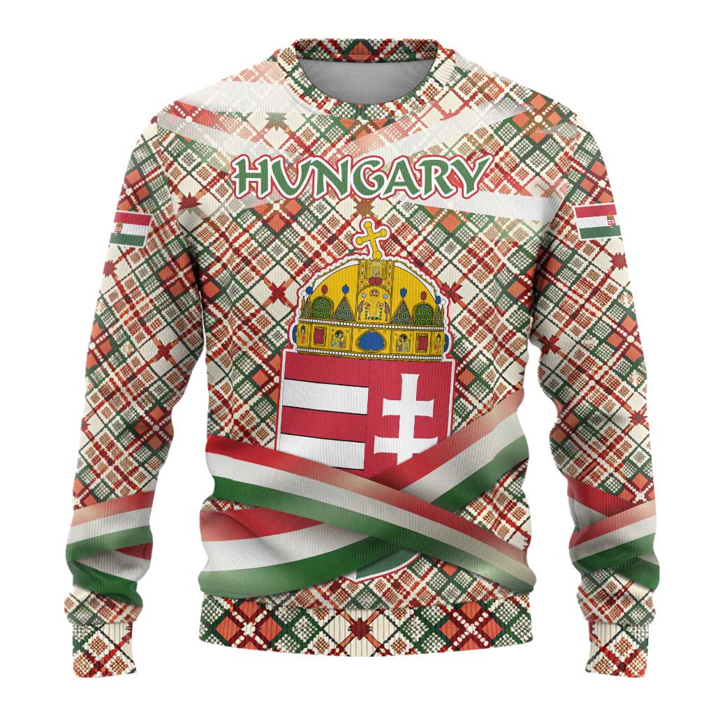 Hungary Christmas Ugly Christmas Sweater with Red Green Plaid Pattern Crown and Double Cross Motif - Wonder Print Shop