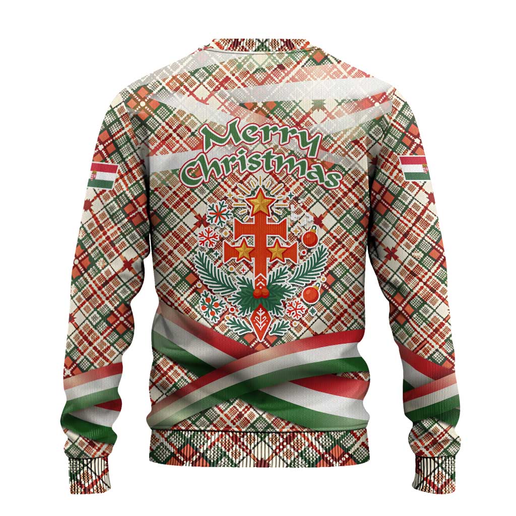 Hungary Christmas Ugly Christmas Sweater with Red Green Plaid Pattern Crown and Double Cross Motif - Wonder Print Shop