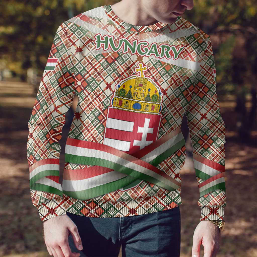 Hungary Christmas Ugly Christmas Sweater with Red Green Plaid Pattern Crown and Double Cross Motif - Wonder Print Shop