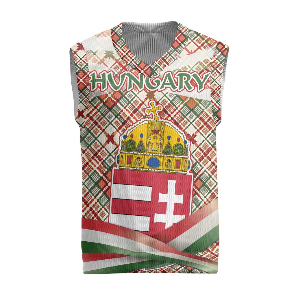 Hungary Christmas Knitted V-Neck Vest with Red Green Plaid Pattern Crown and Double Cross Motif - Wonder Print Shop