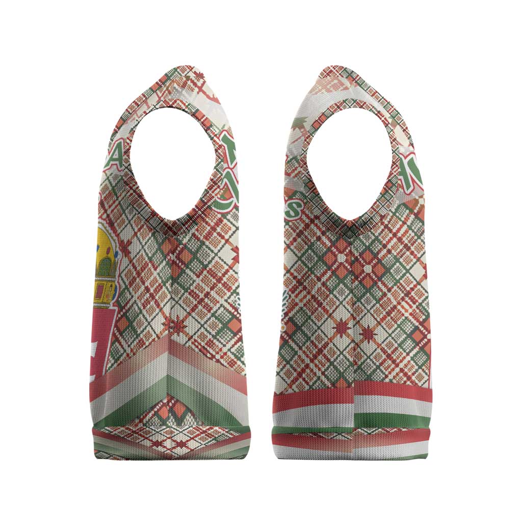 Hungary Christmas Knitted V-Neck Vest with Red Green Plaid Pattern Crown and Double Cross Motif - Wonder Print Shop