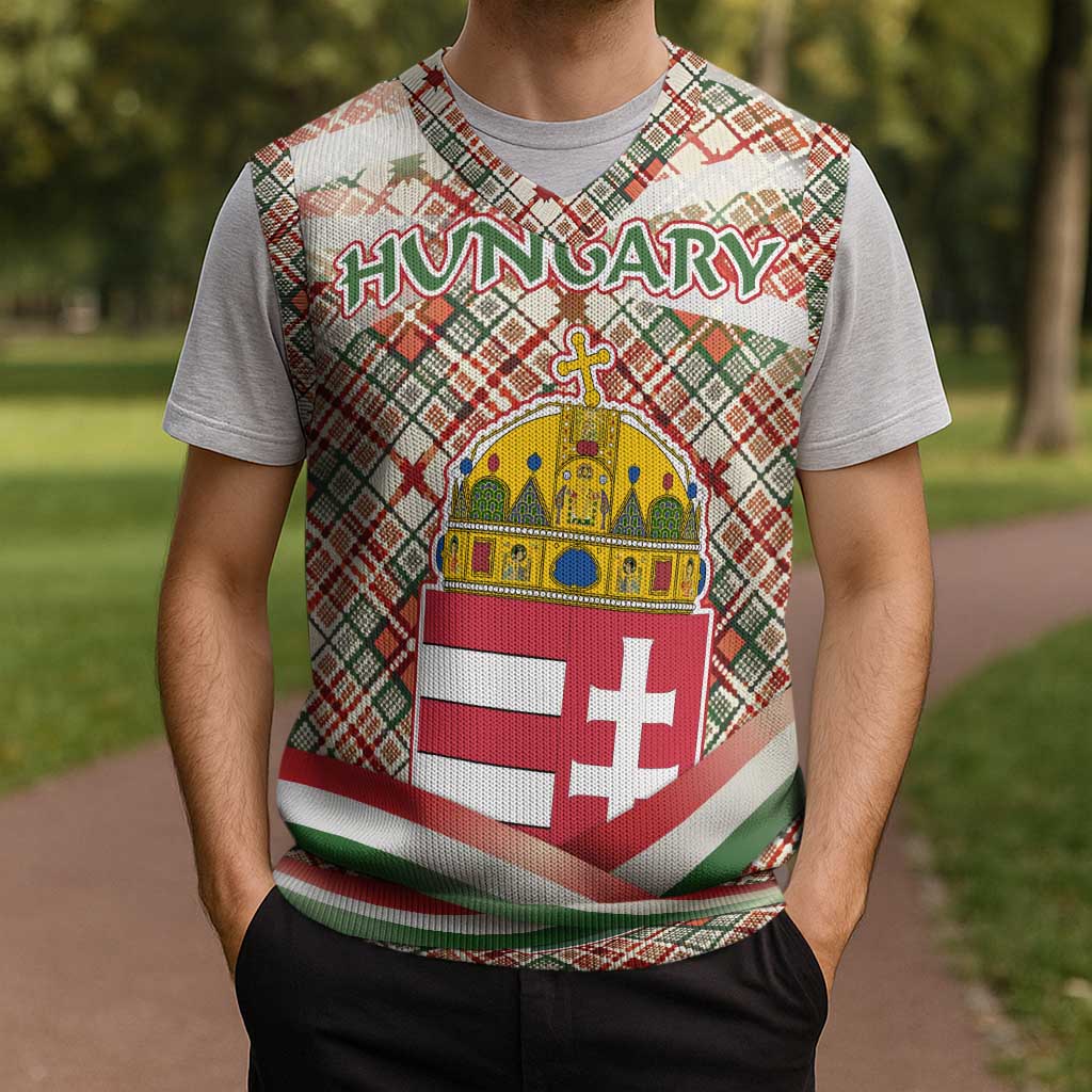 Hungary Christmas Knitted V-Neck Vest with Red Green Plaid Pattern Crown and Double Cross Motif - Wonder Print Shop