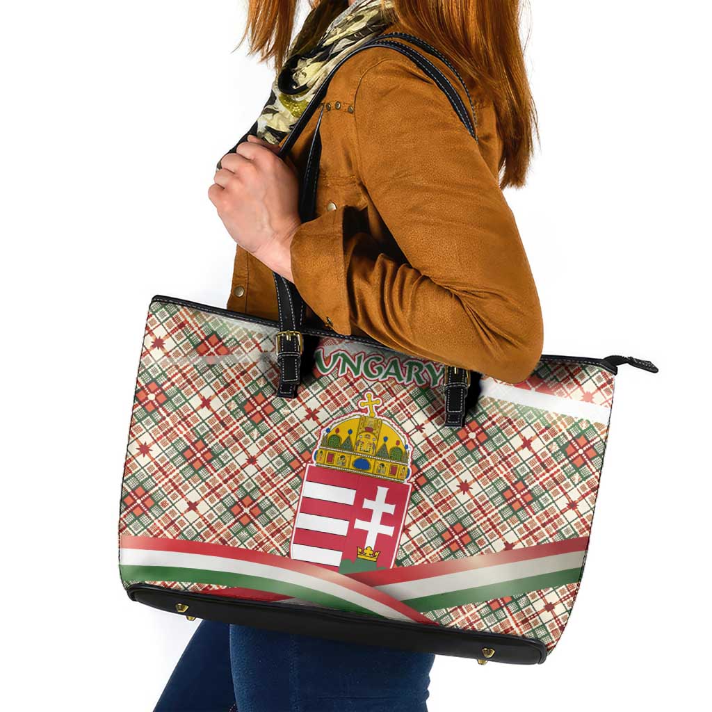 Hungary Christmas Leather Tote Bag with Red Green Plaid Pattern Crown and Double Cross Motif - Wonder Print Shop