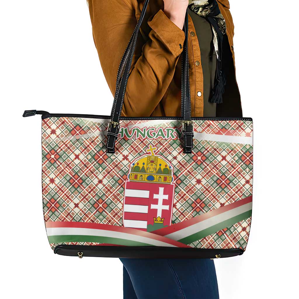 Hungary Christmas Leather Tote Bag with Red Green Plaid Pattern Crown and Double Cross Motif - Wonder Print Shop