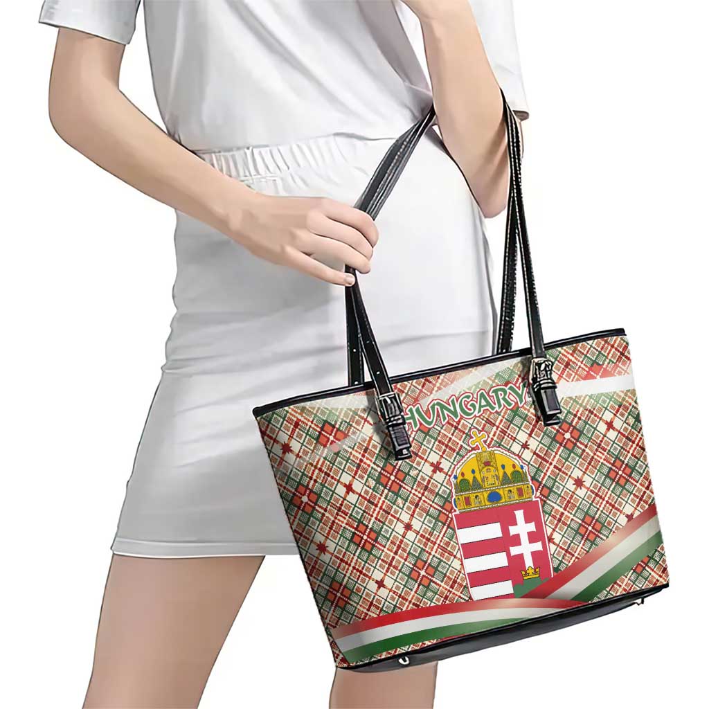 Hungary Christmas Leather Tote Bag with Red Green Plaid Pattern Crown and Double Cross Motif - Wonder Print Shop