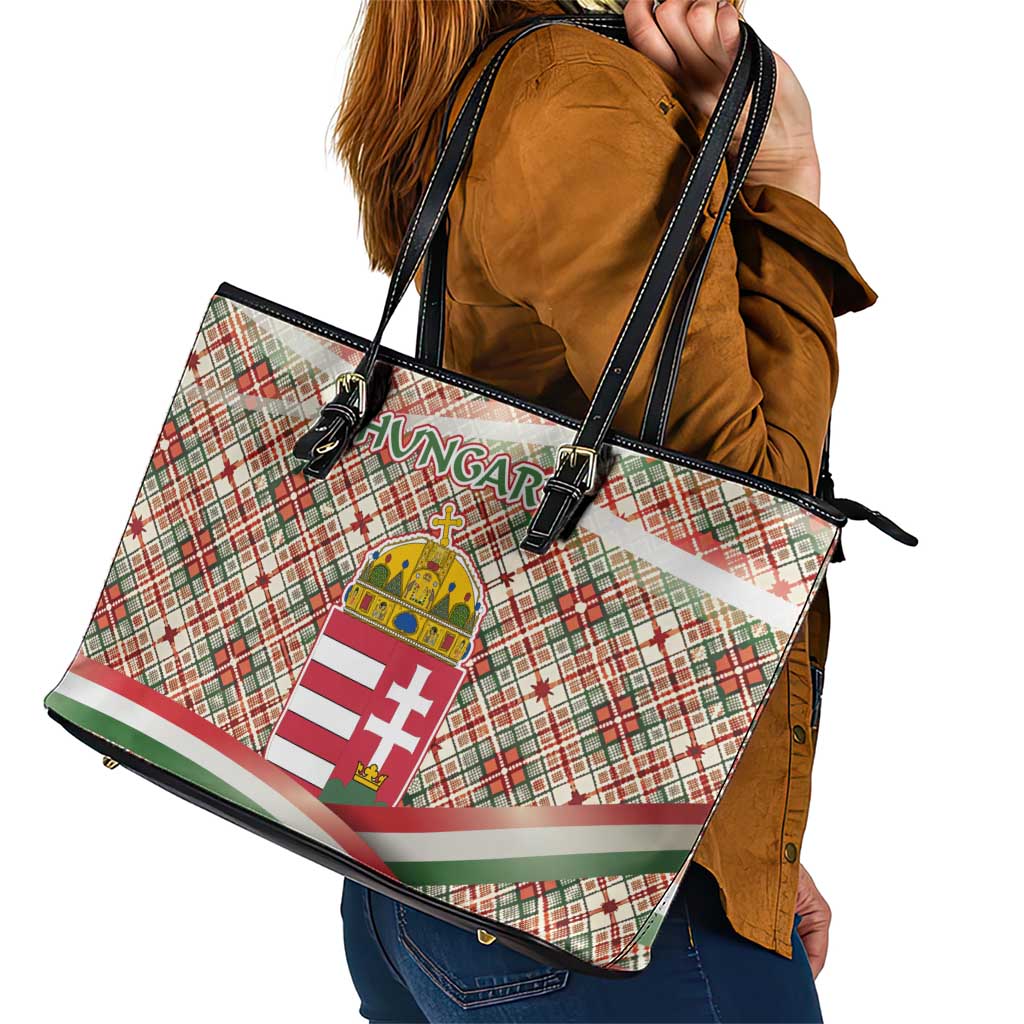 Hungary Christmas Leather Tote Bag with Red Green Plaid Pattern Crown and Double Cross Motif - Wonder Print Shop