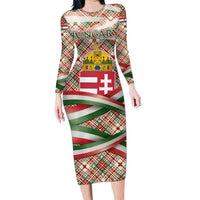 Hungary Christmas Long Sleeve Bodycon Dress with Red Green Plaid Pattern Crown and Double Cross Motif - Wonder Print Shop