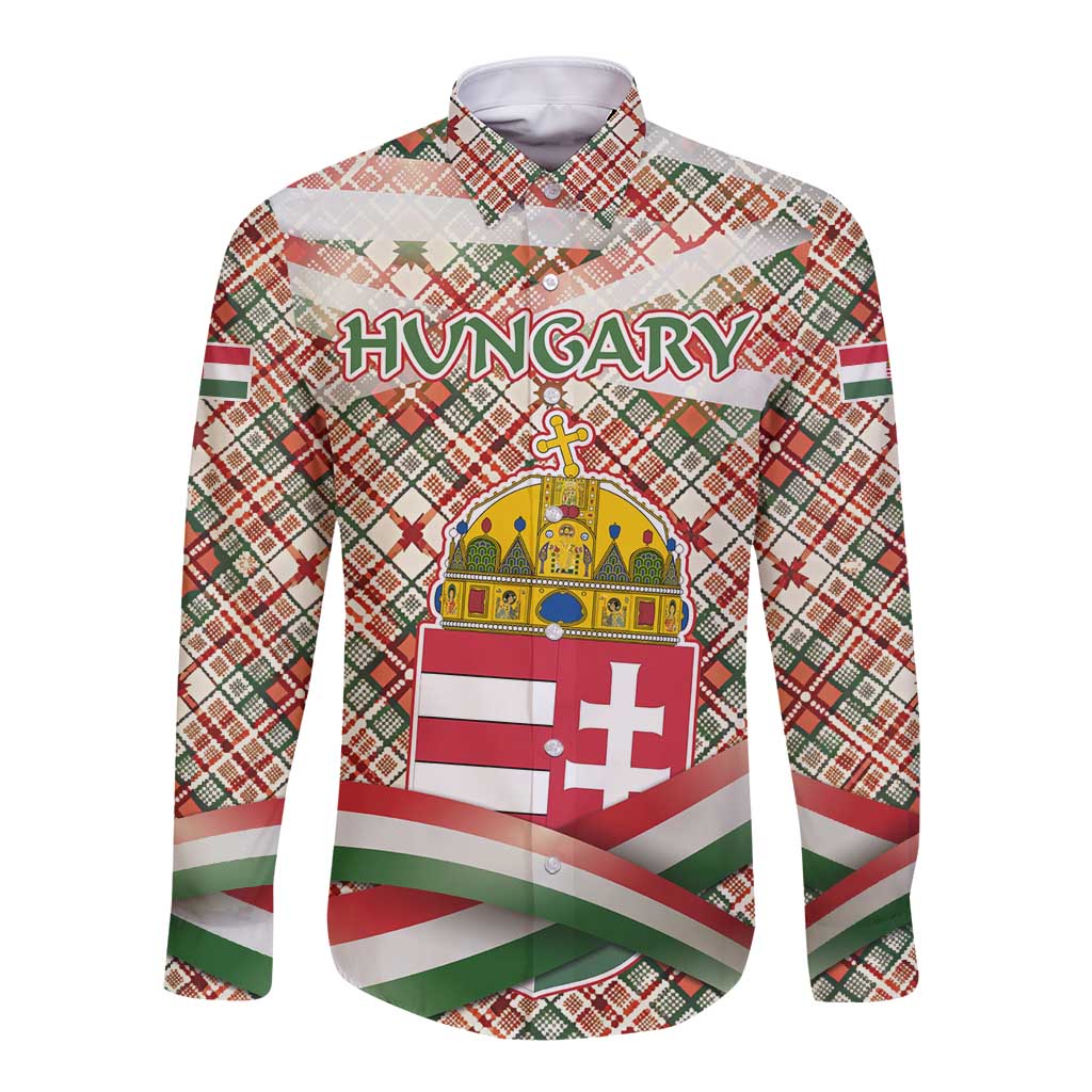 Hungary Christmas Long Sleeve Button Shirt with Red Green Plaid Pattern Crown and Double Cross Motif - Wonder Print Shop