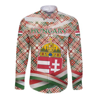 Hungary Christmas Long Sleeve Button Shirt with Red Green Plaid Pattern Crown and Double Cross Motif - Wonder Print Shop