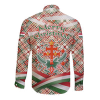 Hungary Christmas Long Sleeve Button Shirt with Red Green Plaid Pattern Crown and Double Cross Motif - Wonder Print Shop