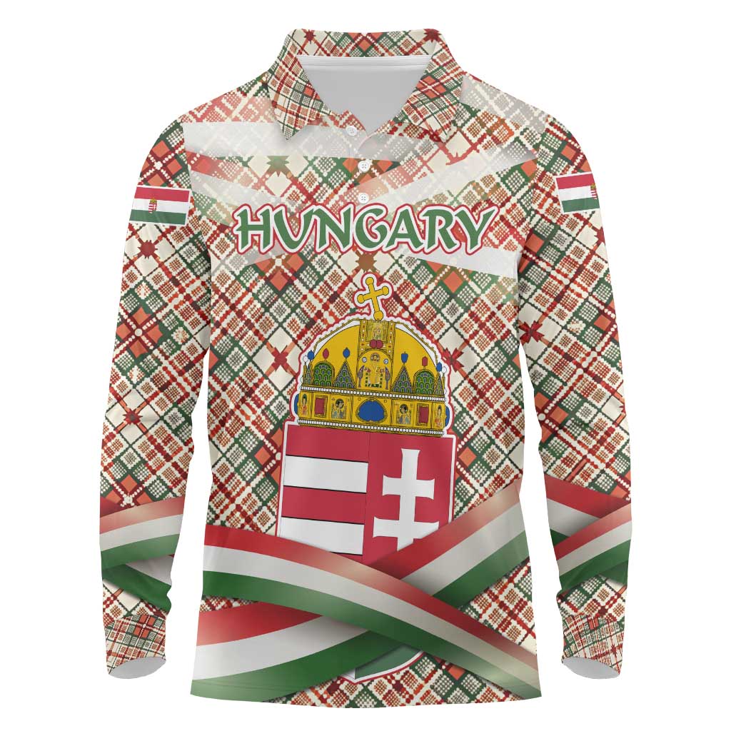 Hungary Christmas Long Sleeve Polo Shirt with Red Green Plaid Pattern Crown and Double Cross Motif - Wonder Print Shop