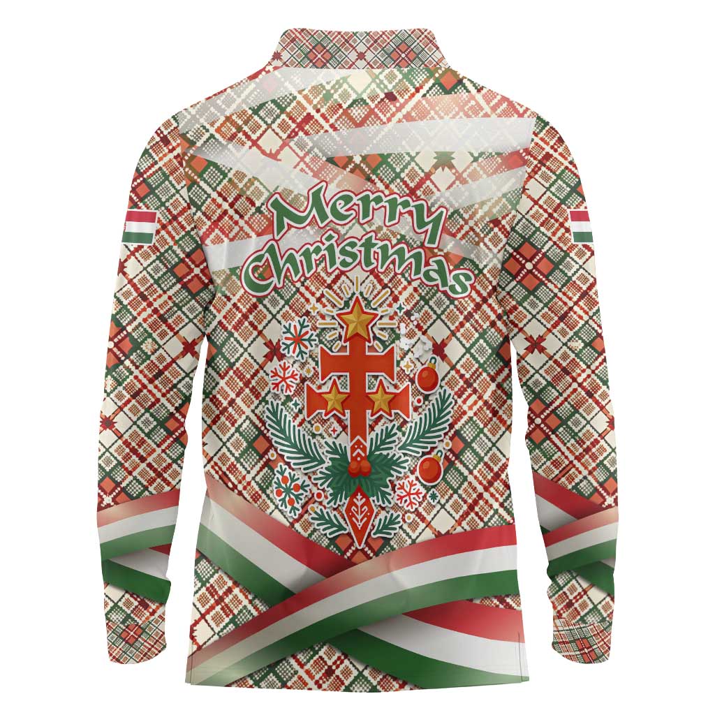 Hungary Christmas Long Sleeve Polo Shirt with Red Green Plaid Pattern Crown and Double Cross Motif - Wonder Print Shop