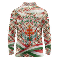 Hungary Christmas Long Sleeve Polo Shirt with Red Green Plaid Pattern Crown and Double Cross Motif - Wonder Print Shop