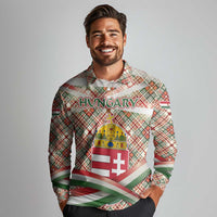 Hungary Christmas Long Sleeve Polo Shirt with Red Green Plaid Pattern Crown and Double Cross Motif - Wonder Print Shop