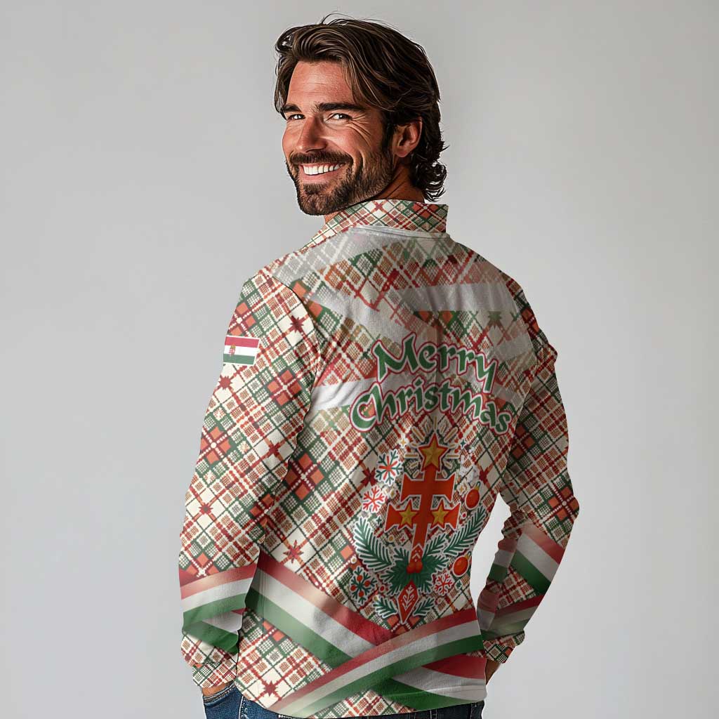 Hungary Christmas Long Sleeve Polo Shirt with Red Green Plaid Pattern Crown and Double Cross Motif - Wonder Print Shop