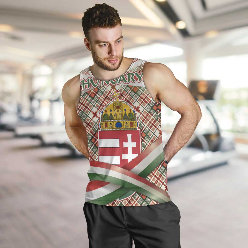 Hungary Christmas Men Tank Top with Red Green Plaid Pattern Crown and Double Cross Motif - Wonder Print Shop