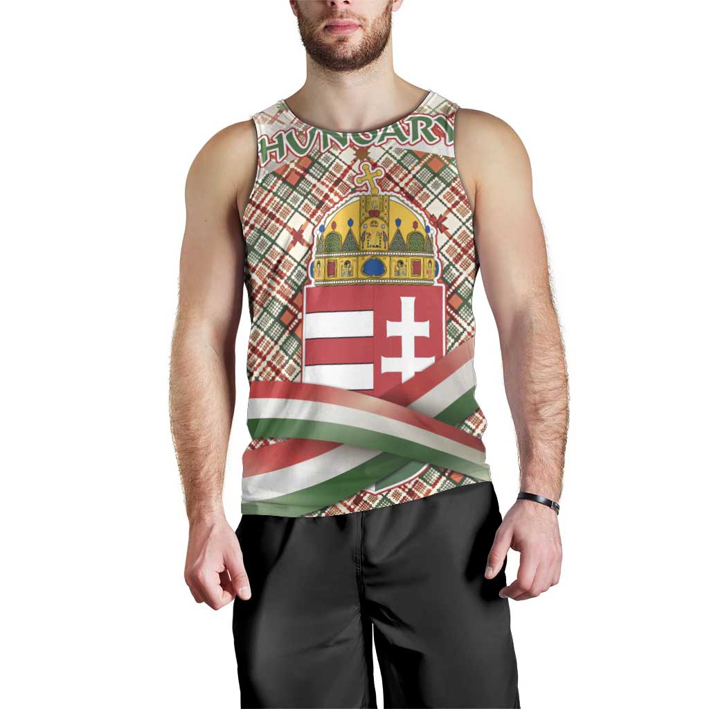 Hungary Christmas Men Tank Top with Red Green Plaid Pattern Crown and Double Cross Motif - Wonder Print Shop
