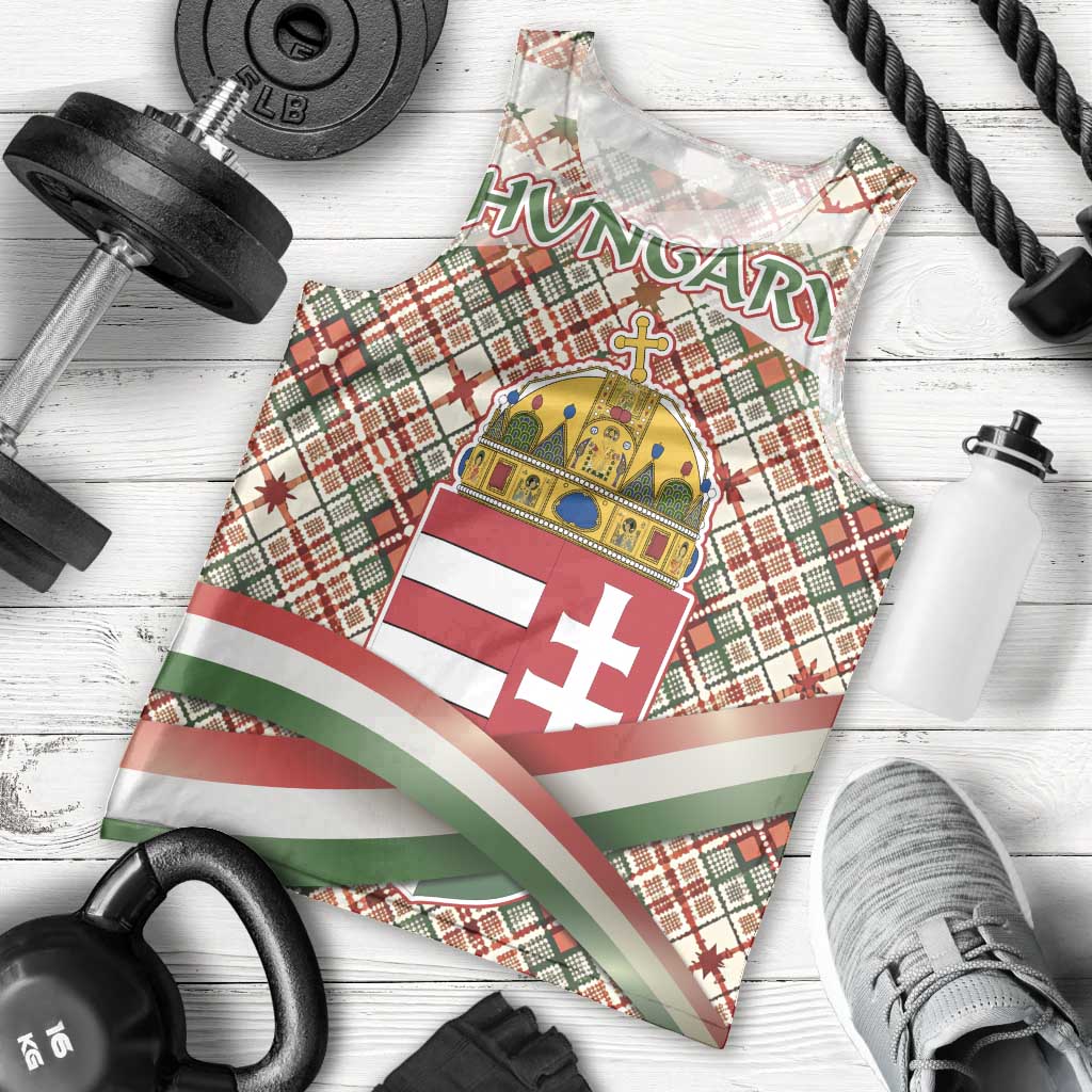 Hungary Christmas Men Tank Top with Red Green Plaid Pattern Crown and Double Cross Motif - Wonder Print Shop