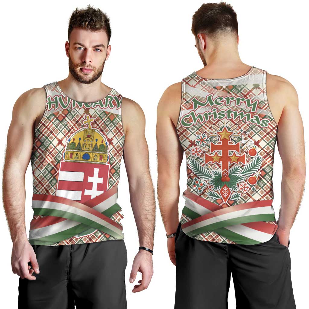 Hungary Christmas Men Tank Top with Red Green Plaid Pattern Crown and Double Cross Motif - Wonder Print Shop