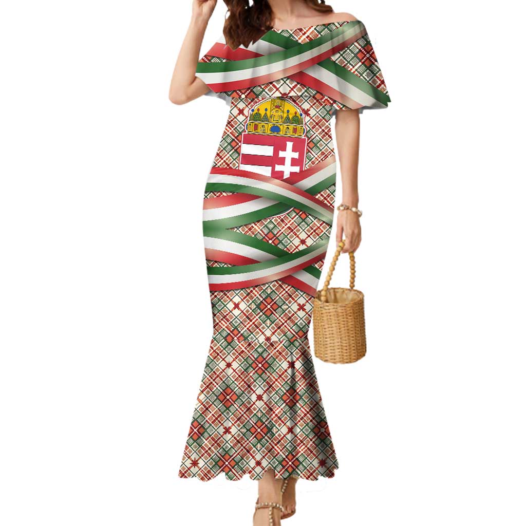 Hungary Christmas Mermaid Dress with Red Green Plaid Pattern Crown and Double Cross Motif - Wonder Print Shop