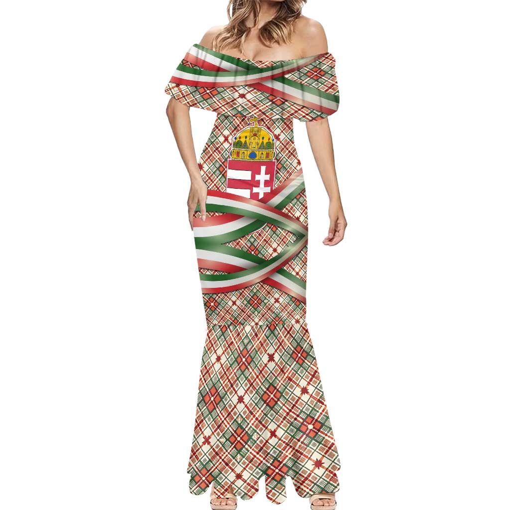 Hungary Christmas Mermaid Dress with Red Green Plaid Pattern Crown and Double Cross Motif - Wonder Print Shop