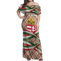 Hungary Christmas Off Shoulder Maxi Dress with Red Green Plaid Pattern Crown and Double Cross Motif - Wonder Print Shop