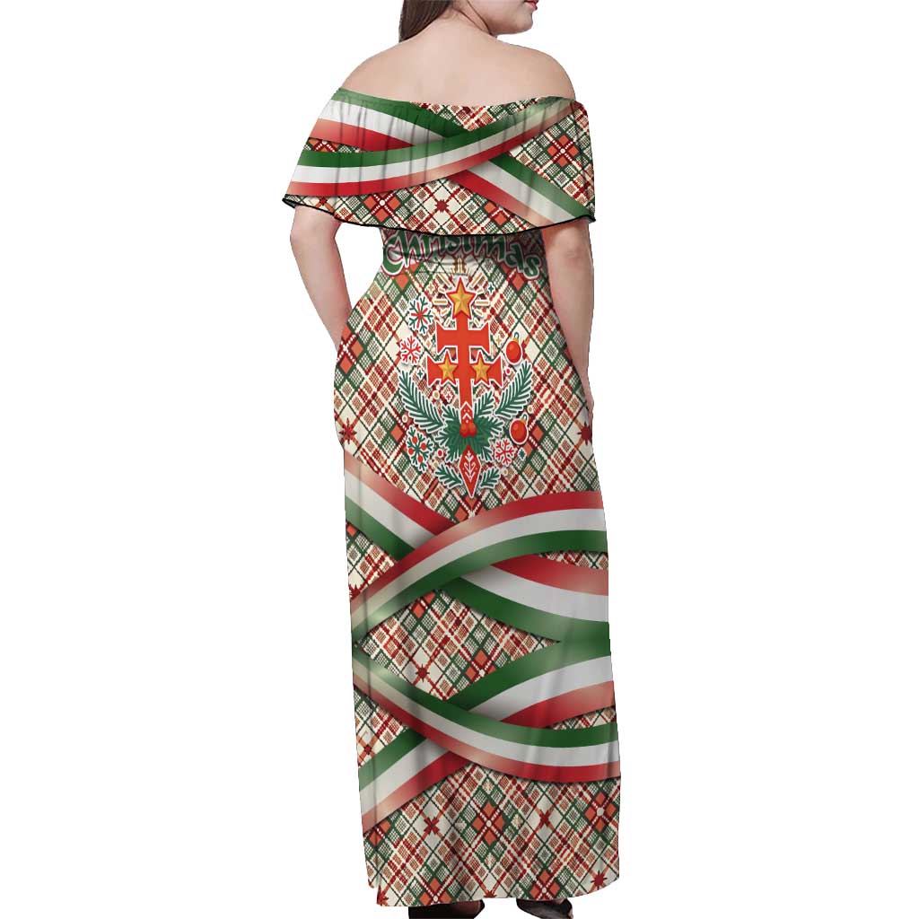 Hungary Christmas Off Shoulder Maxi Dress with Red Green Plaid Pattern Crown and Double Cross Motif - Wonder Print Shop