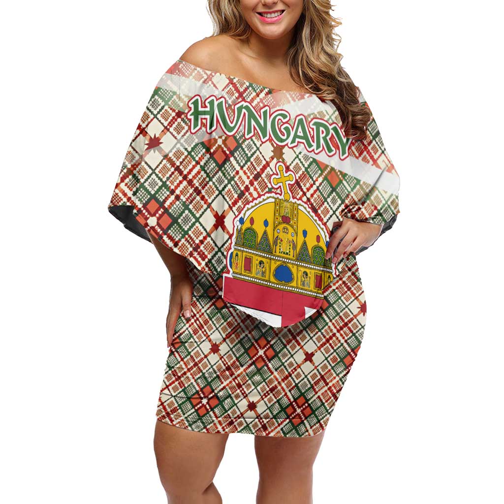Hungary Christmas Off Shoulder Short Dress with Red Green Plaid Pattern Crown and Double Cross Motif - Wonder Print Shop