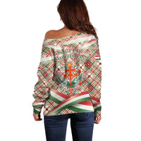 Hungary Christmas Off Shoulder Sweater with Red Green Plaid Pattern Crown and Double Cross Motif - Wonder Print Shop