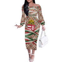 Hungary Christmas Off The Shoulder Long Sleeve Dress with Red Green Plaid Pattern Crown and Double Cross Motif - Wonder Print Shop