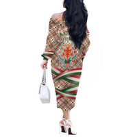 Hungary Christmas Off The Shoulder Long Sleeve Dress with Red Green Plaid Pattern Crown and Double Cross Motif - Wonder Print Shop