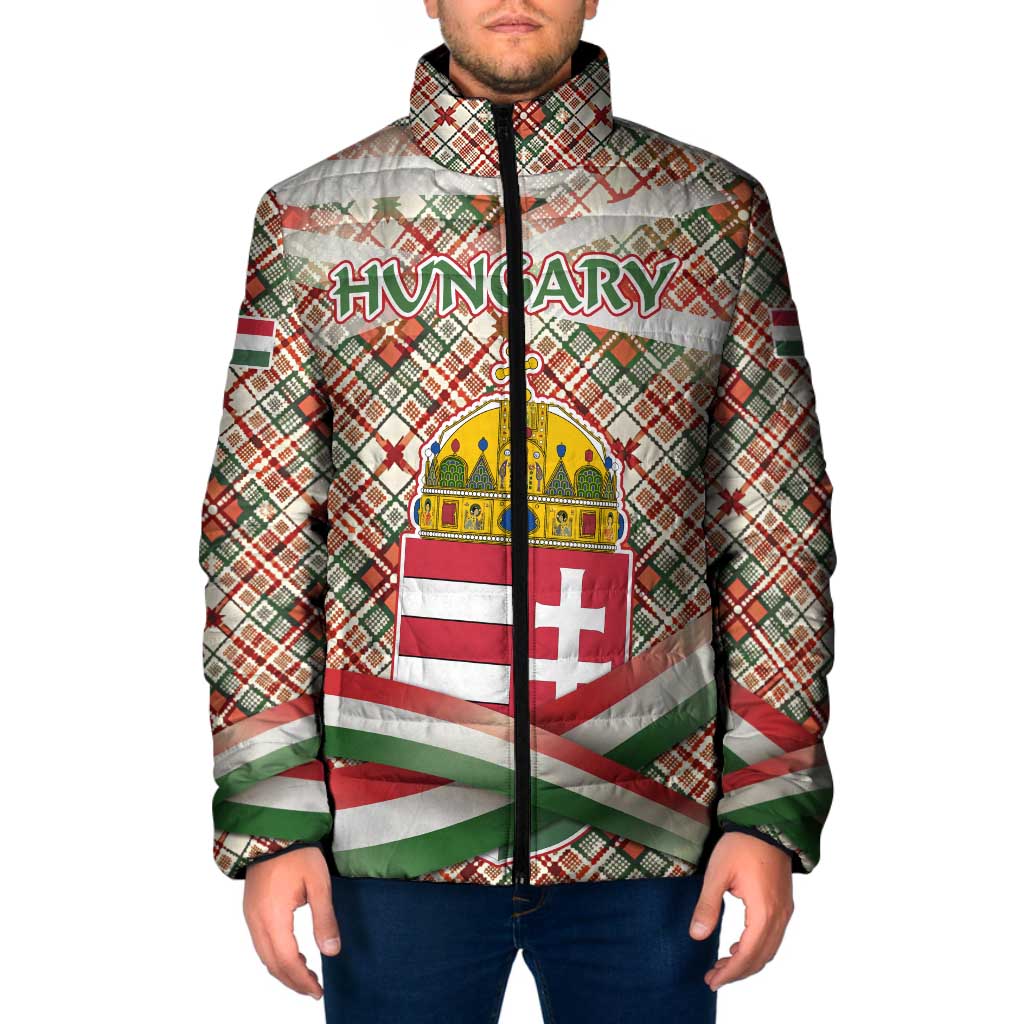Hungary Christmas Padded Jacket with Red Green Plaid Pattern Crown and Double Cross Motif - Wonder Print Shop