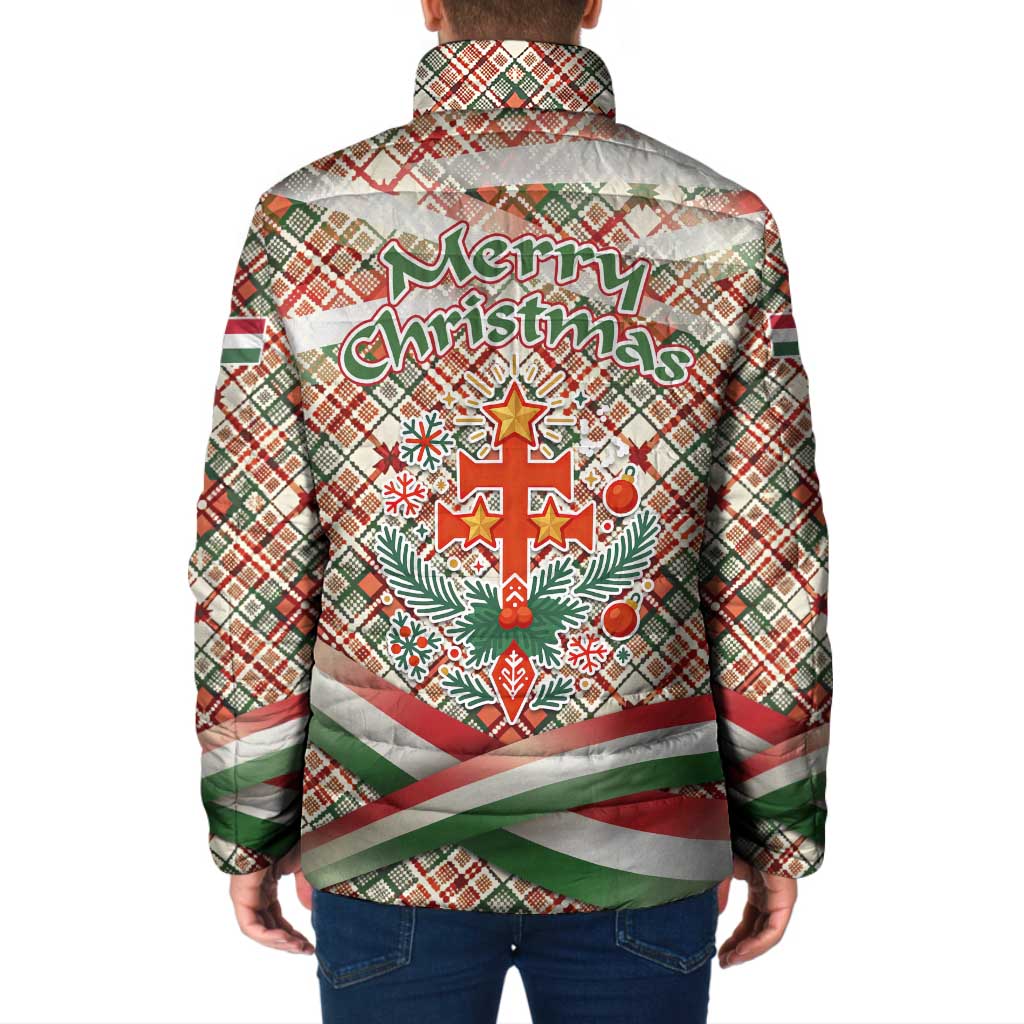 Hungary Christmas Padded Jacket with Red Green Plaid Pattern Crown and Double Cross Motif - Wonder Print Shop