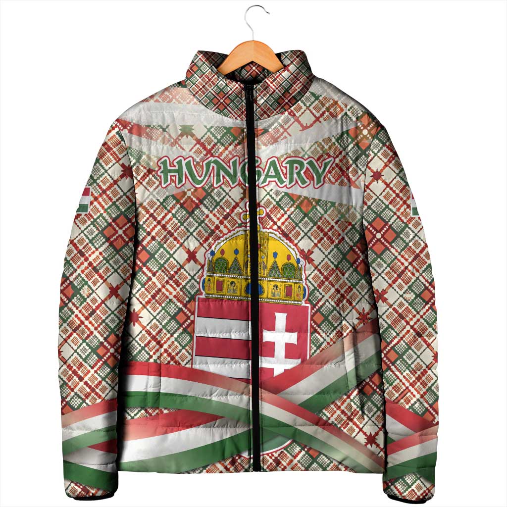 Hungary Christmas Padded Jacket with Red Green Plaid Pattern Crown and Double Cross Motif - Wonder Print Shop