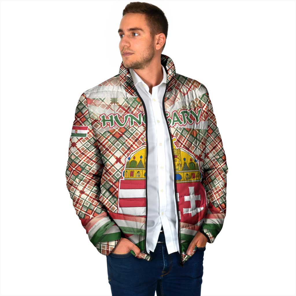 Hungary Christmas Padded Jacket with Red Green Plaid Pattern Crown and Double Cross Motif - Wonder Print Shop