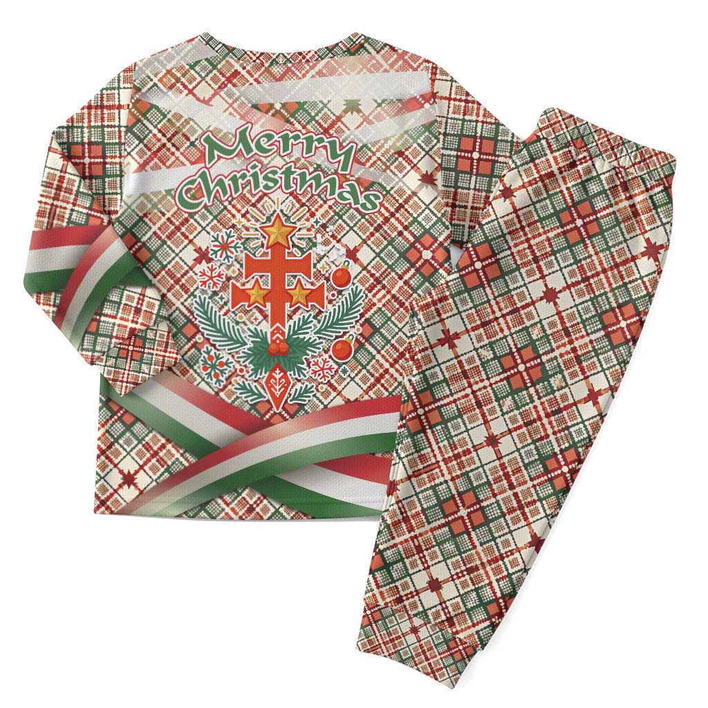 Hungary Christmas Pajama Set with Red Green Plaid Pattern Crown and Double Cross Motif - Wonder Print Shop