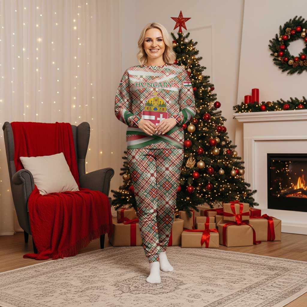 Hungary Christmas Pajama Set with Red Green Plaid Pattern Crown and Double Cross Motif - Wonder Print Shop
