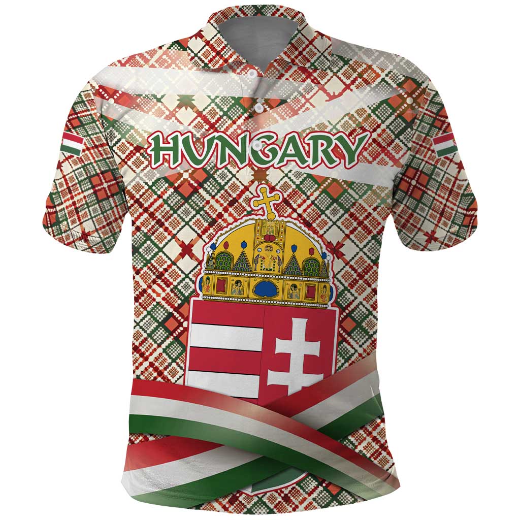 Hungary Christmas Polo Shirt with Red Green Plaid Pattern Crown and Double Cross Motif - Wonder Print Shop