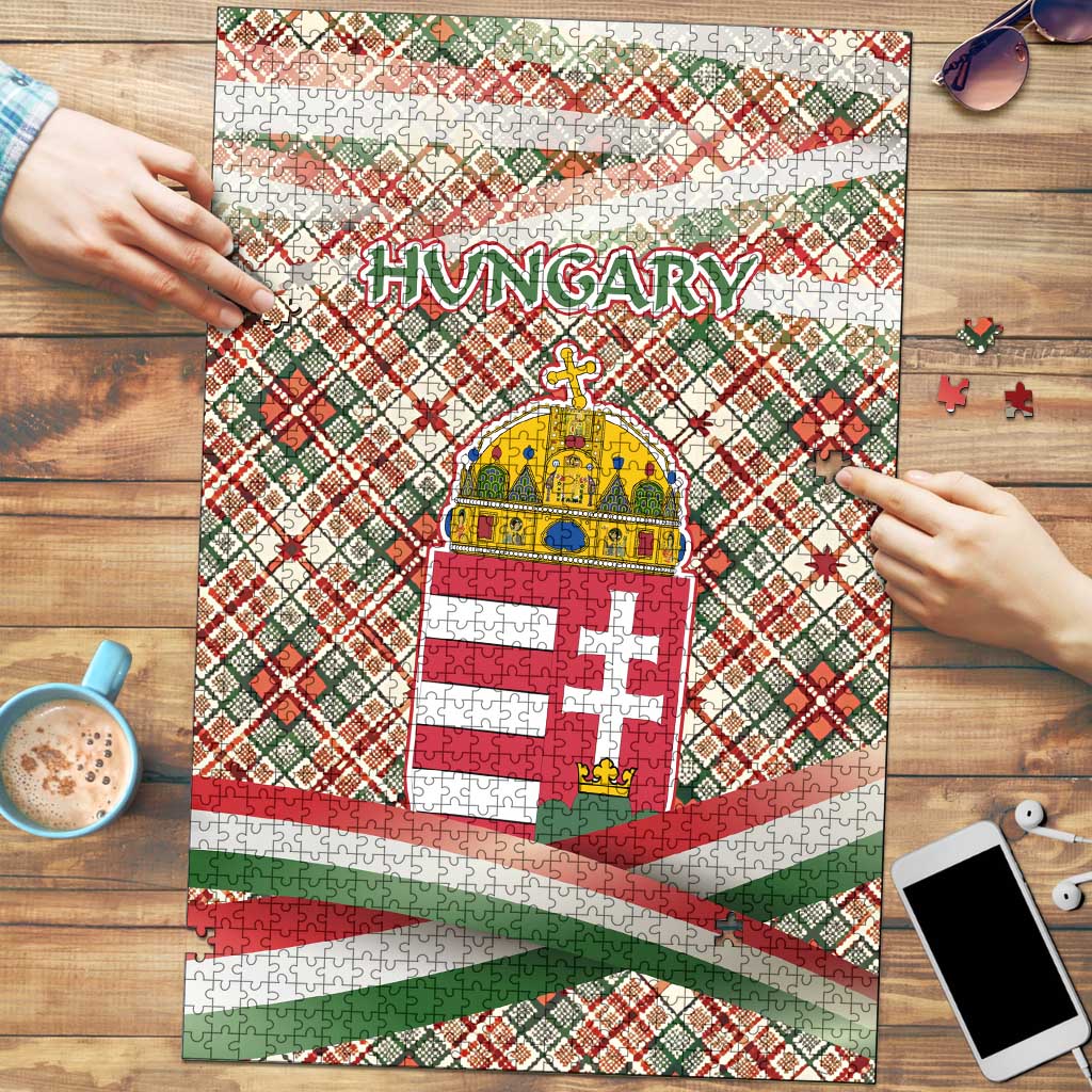 Hungary Christmas Puzzle with Red Green Plaid Pattern Crown and Double Cross Motif - Wonder Print Shop