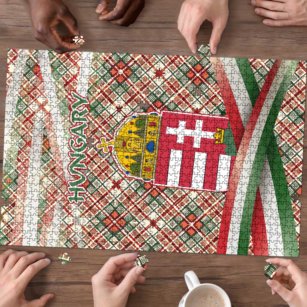 Hungary Christmas Puzzle with Red Green Plaid Pattern Crown and Double Cross Motif - Wonder Print Shop