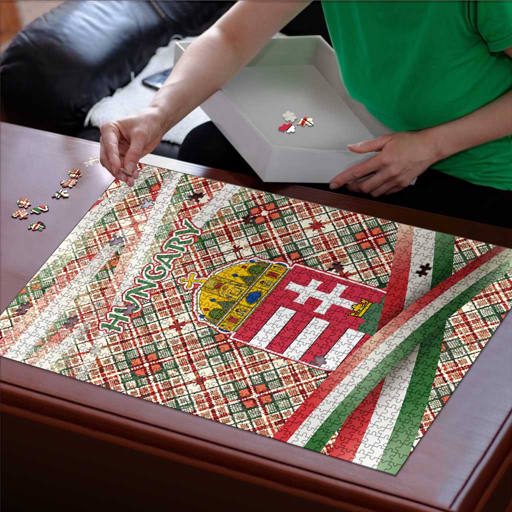 Hungary Christmas Puzzle with Red Green Plaid Pattern Crown and Double Cross Motif - Wonder Print Shop