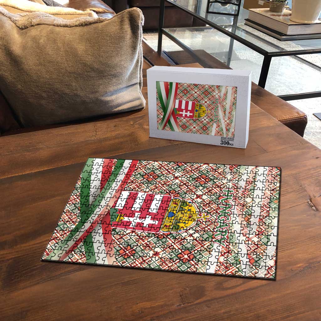 Hungary Christmas Puzzle with Red Green Plaid Pattern Crown and Double Cross Motif - Wonder Print Shop