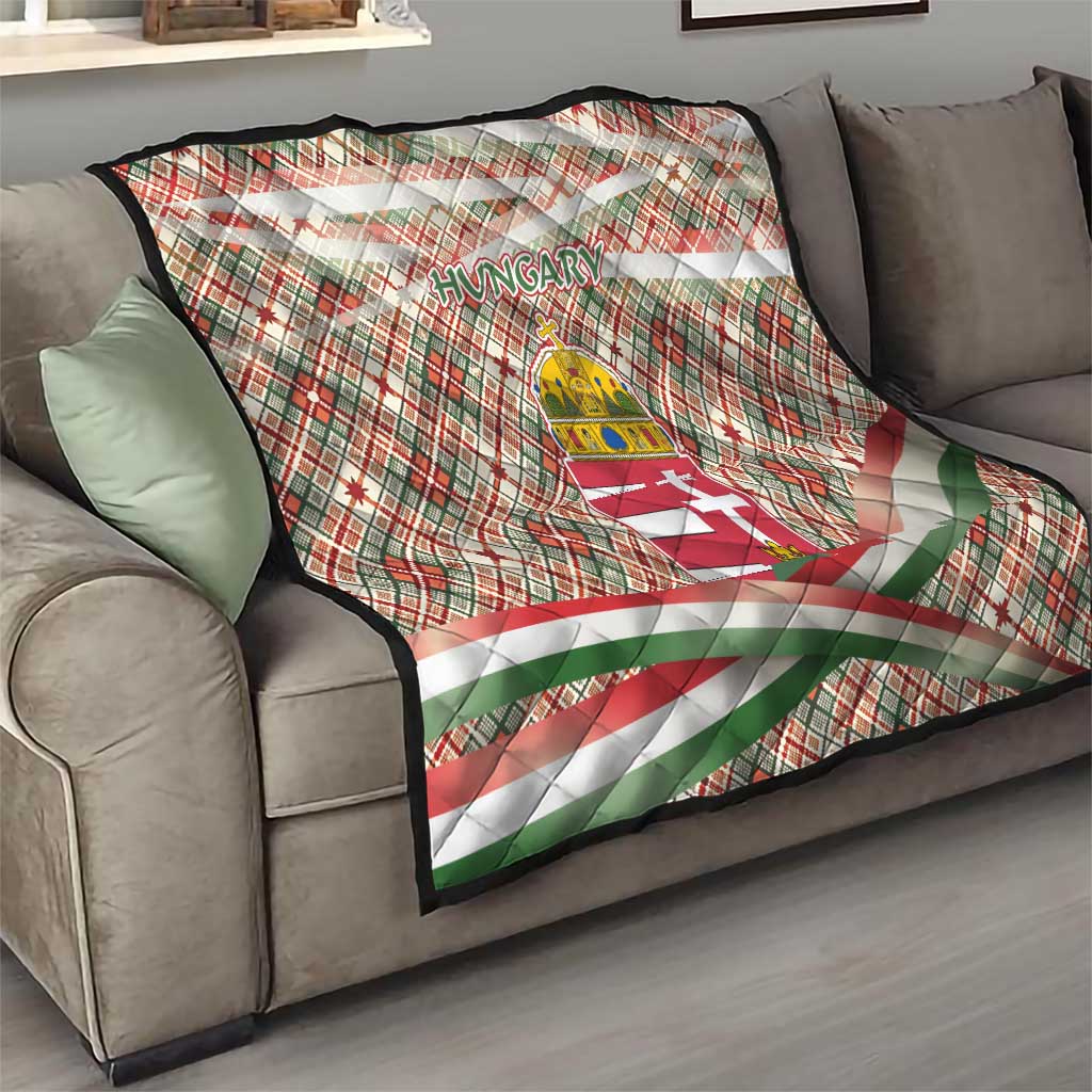 Hungary Christmas Quilt with Red Green Plaid Pattern Crown and Double Cross Motif - Wonder Print Shop