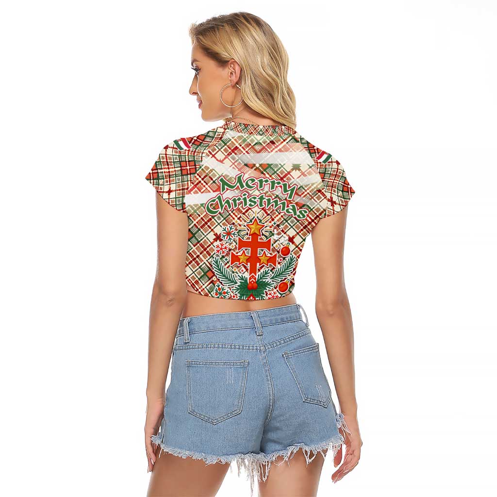 Hungary Christmas Raglan Cropped T Shirt with Red Green Plaid Pattern Crown and Double Cross Motif - Wonder Print Shop