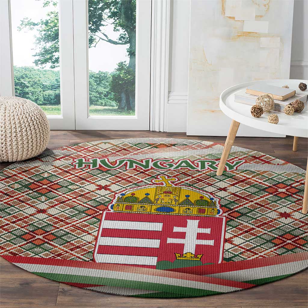 Hungary Christmas Round Carpet with Red Green Plaid Pattern Crown and Double Cross Motif - Wonder Print Shop
