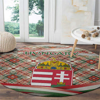 Hungary Christmas Round Carpet with Red Green Plaid Pattern Crown and Double Cross Motif - Wonder Print Shop