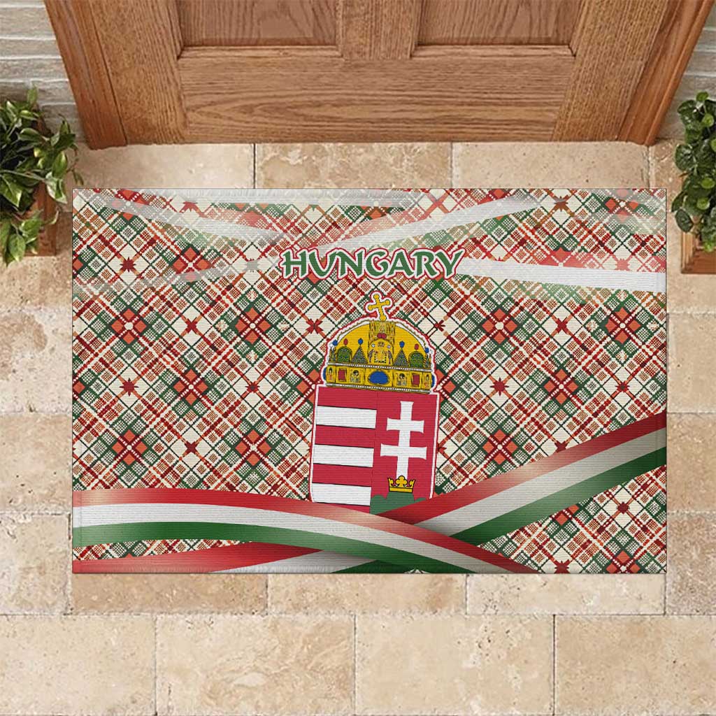 Hungary Christmas Rubber Doormat with Red Green Plaid Pattern Crown and Double Cross Motif - Wonder Print Shop