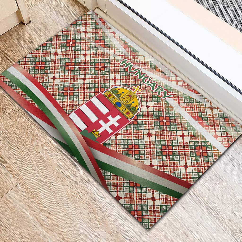 Hungary Christmas Rubber Doormat with Red Green Plaid Pattern Crown and Double Cross Motif - Wonder Print Shop