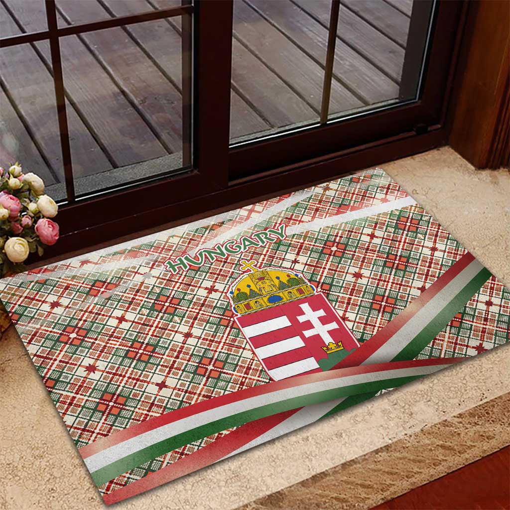 Hungary Christmas Rubber Doormat with Red Green Plaid Pattern Crown and Double Cross Motif - Wonder Print Shop