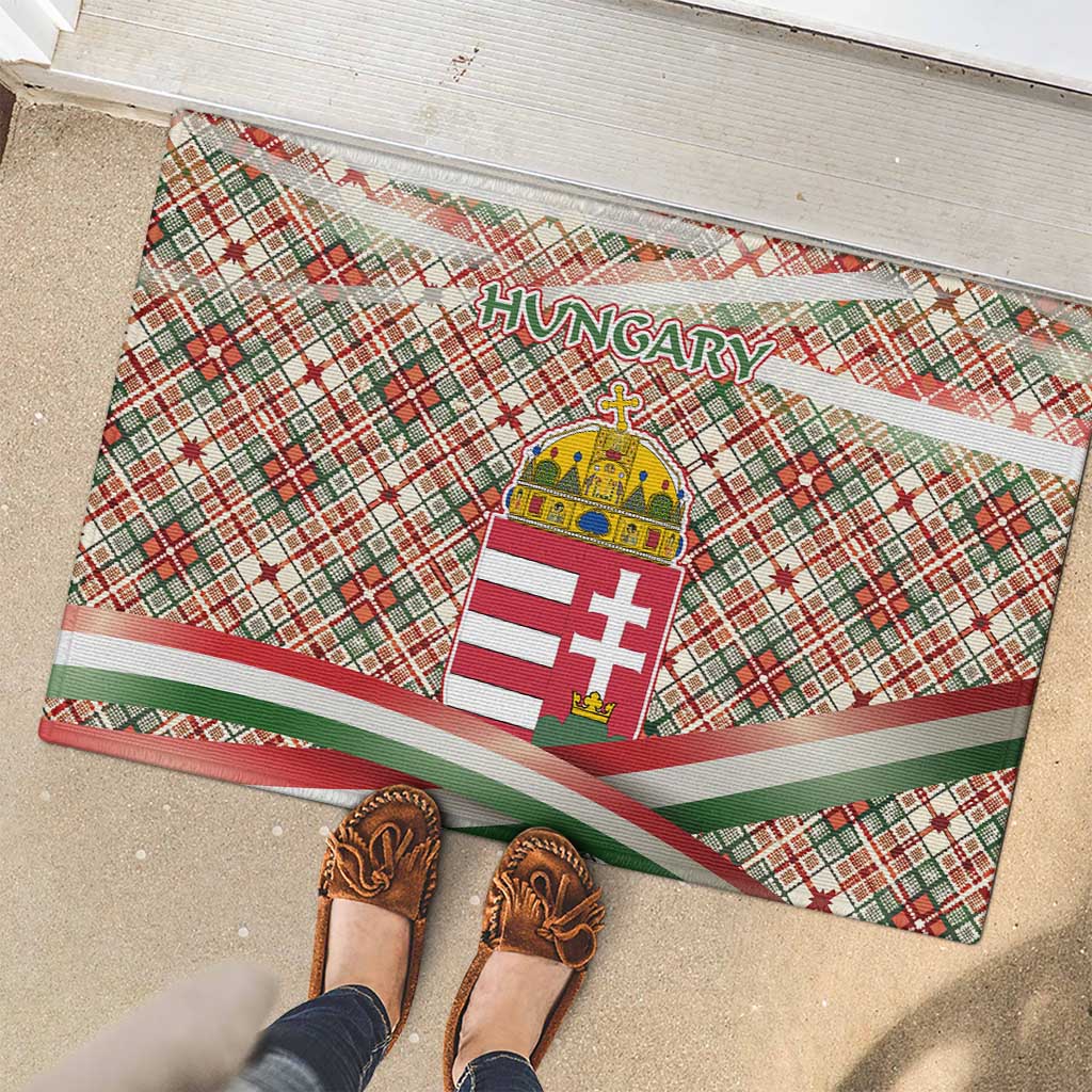 Hungary Christmas Rubber Doormat with Red Green Plaid Pattern Crown and Double Cross Motif - Wonder Print Shop
